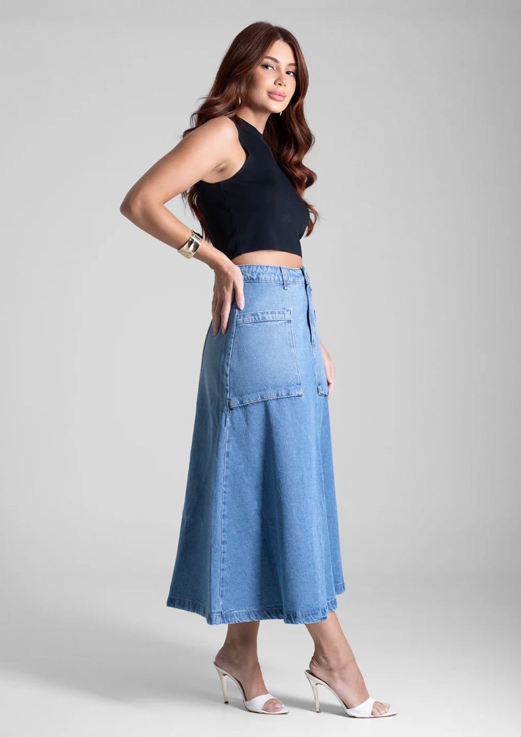 Saia Jeans Midi Sawary Feminina - Azul