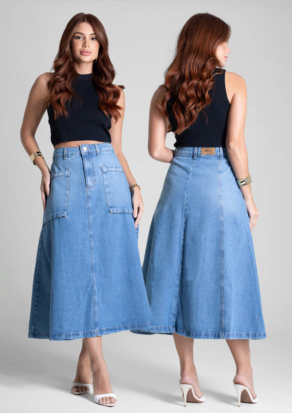 Saia Jeans Midi Sawary Feminina - Azul