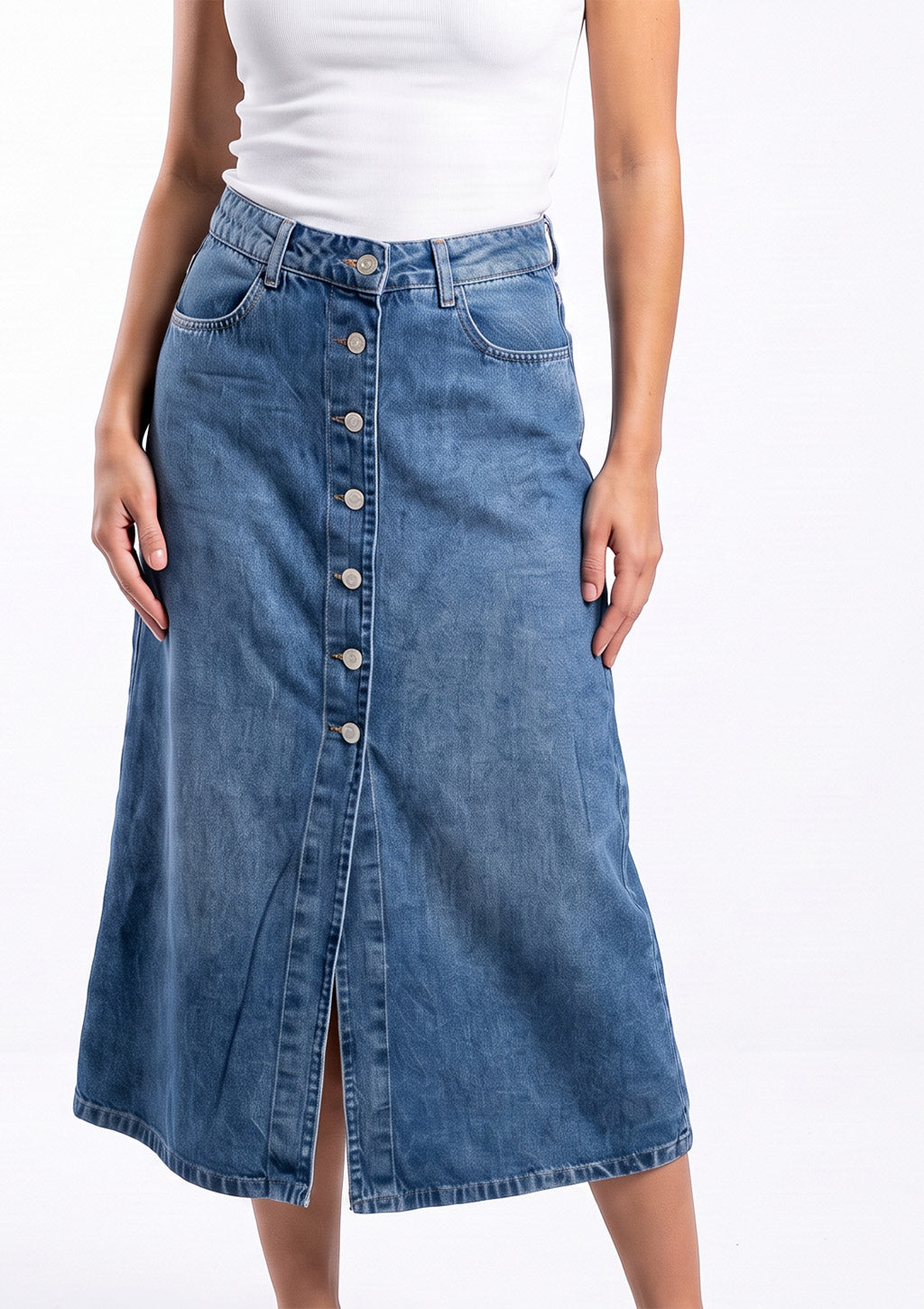 Saia Jeans Midi Sawary Feminina - Indigo
