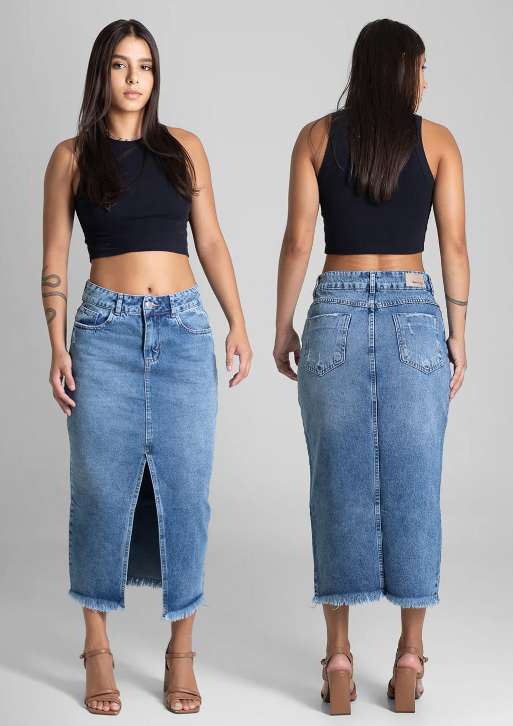 Saia Midi Jeans Sawary Feminina - Azul