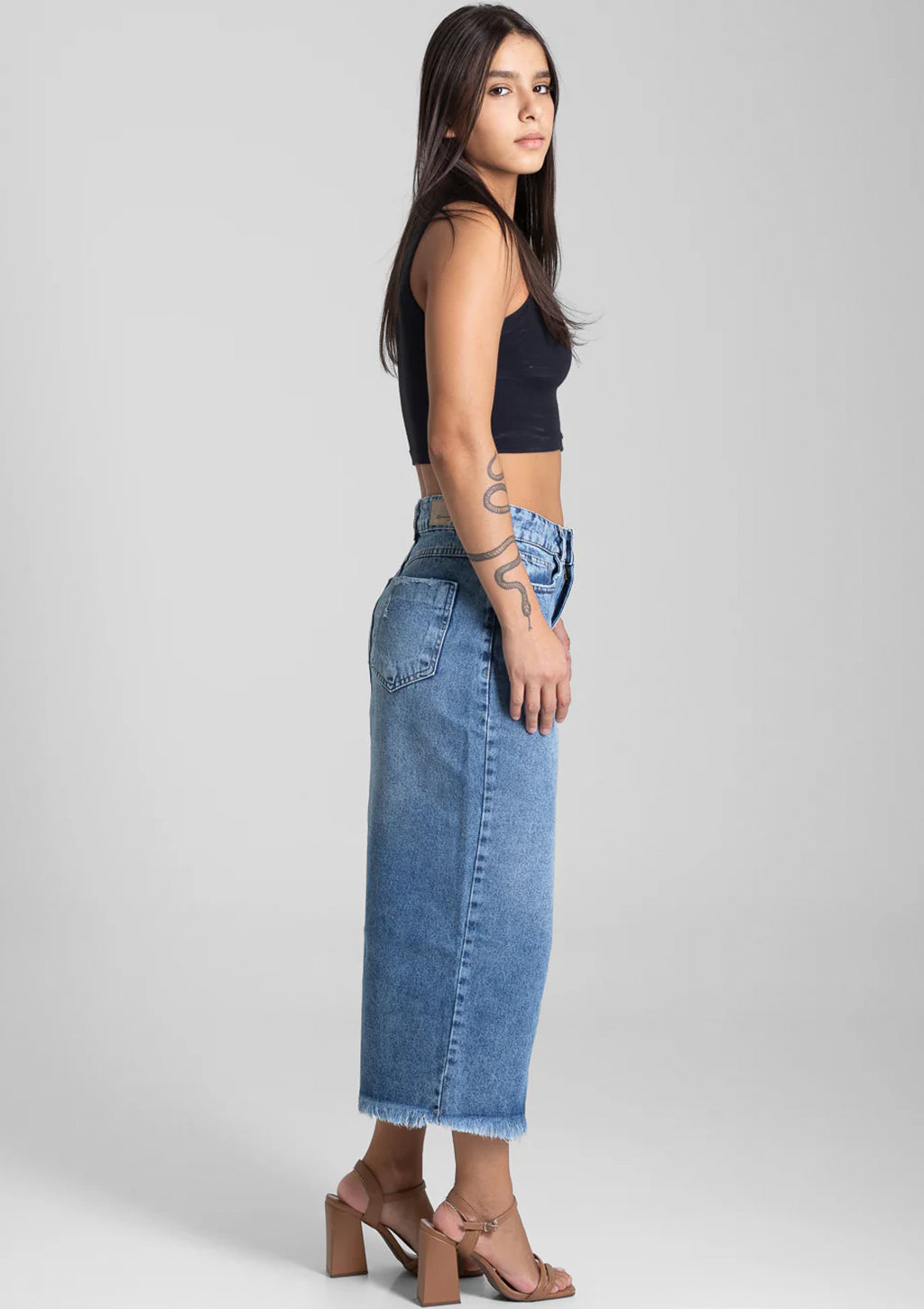 Saia Midi Jeans Sawary Feminina - Azul