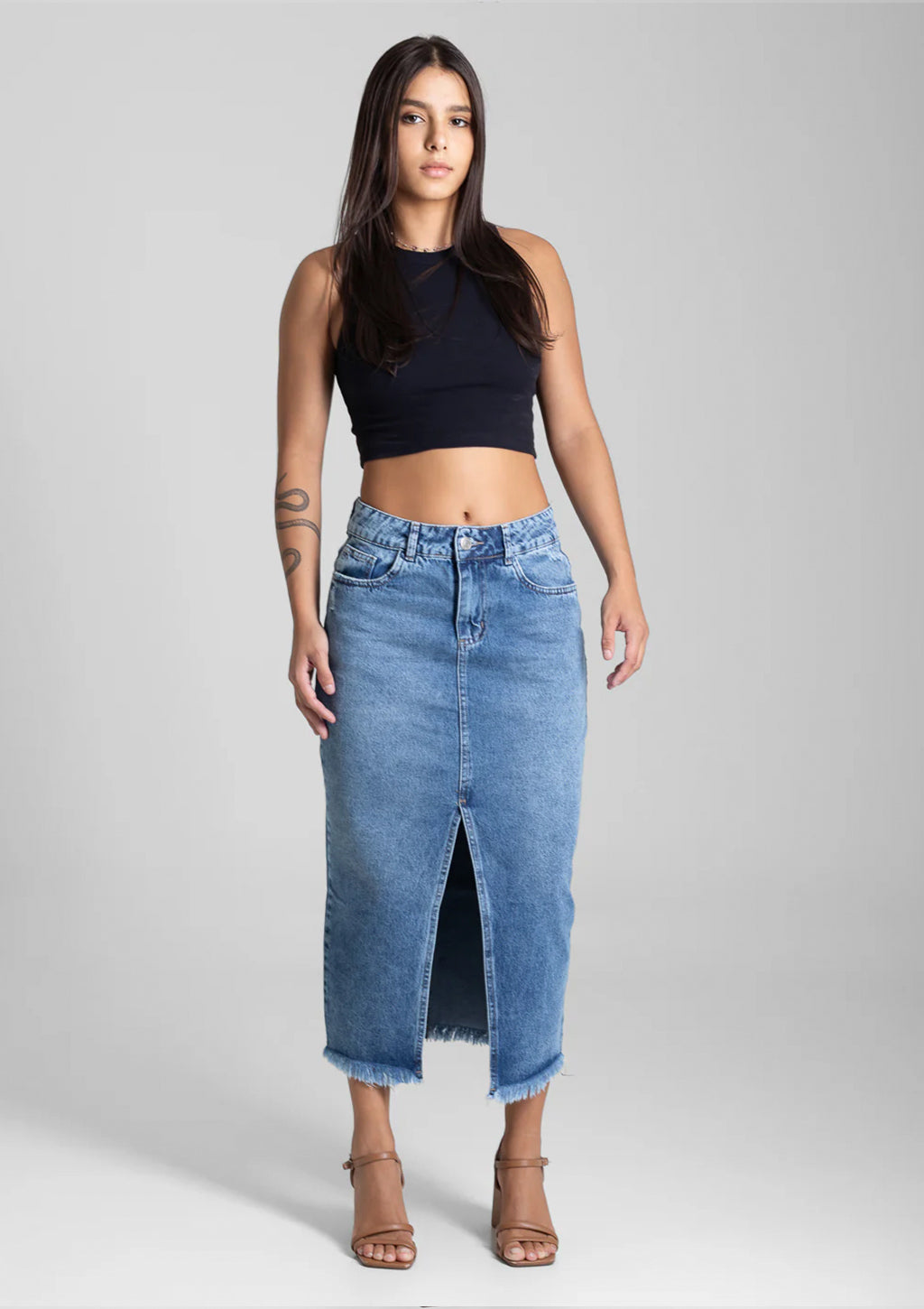 Saia Midi Jeans Sawary Feminina - Azul