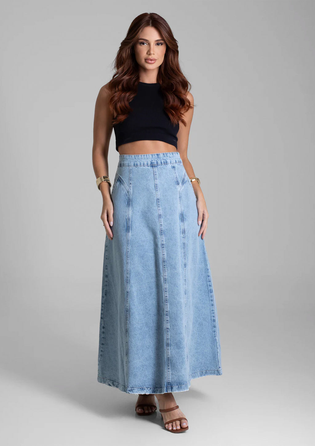 Saia Jeans Midi Sawary Feminina - Azul