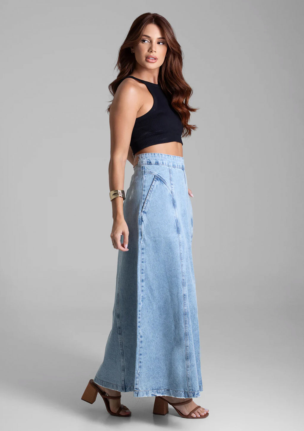 Saia Jeans Midi Sawary Feminina - Azul