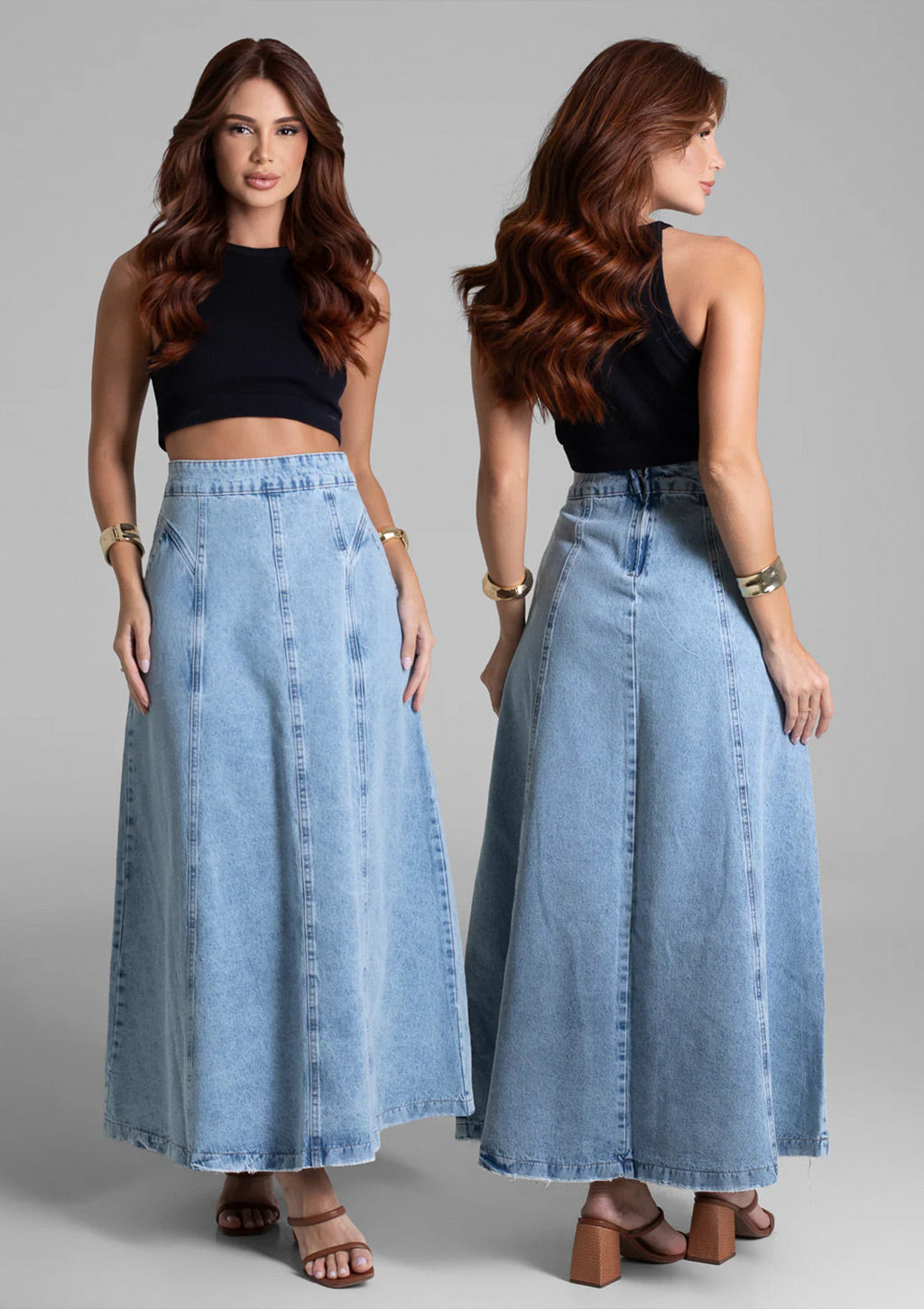 Saia Jeans Midi Sawary Feminina - Azul