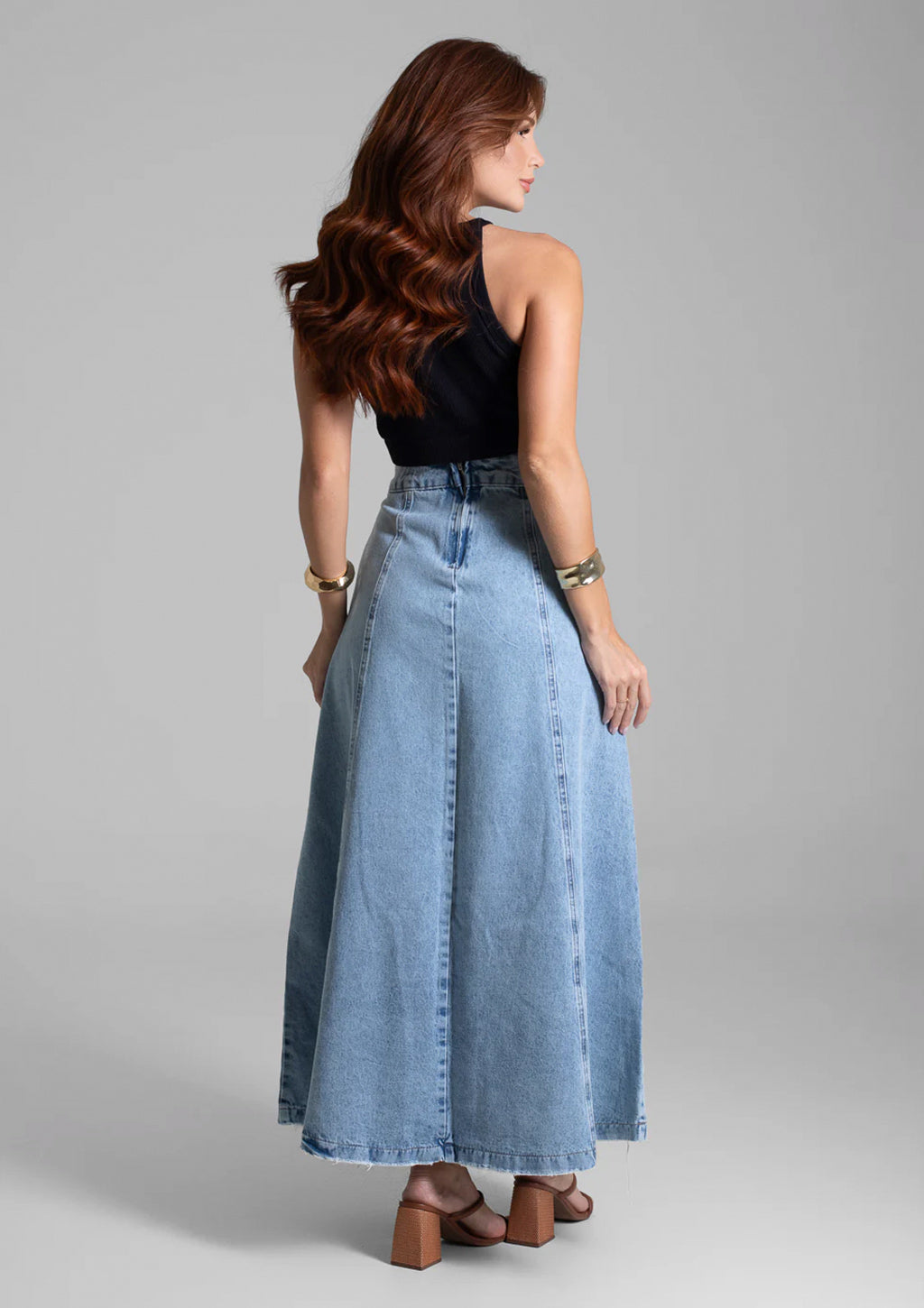 Saia Jeans Midi Sawary Feminina - Azul