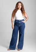 Calça Wide Leg Jeans Sawary Plus Size Feminina - Azul