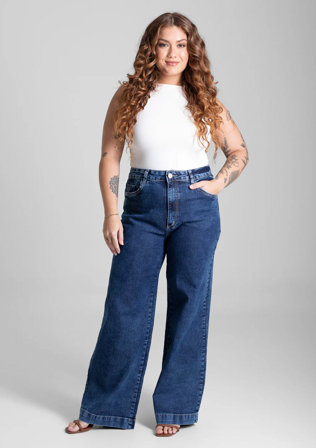 Calça Wide Leg Jeans Sawary Plus Size Feminina - Azul