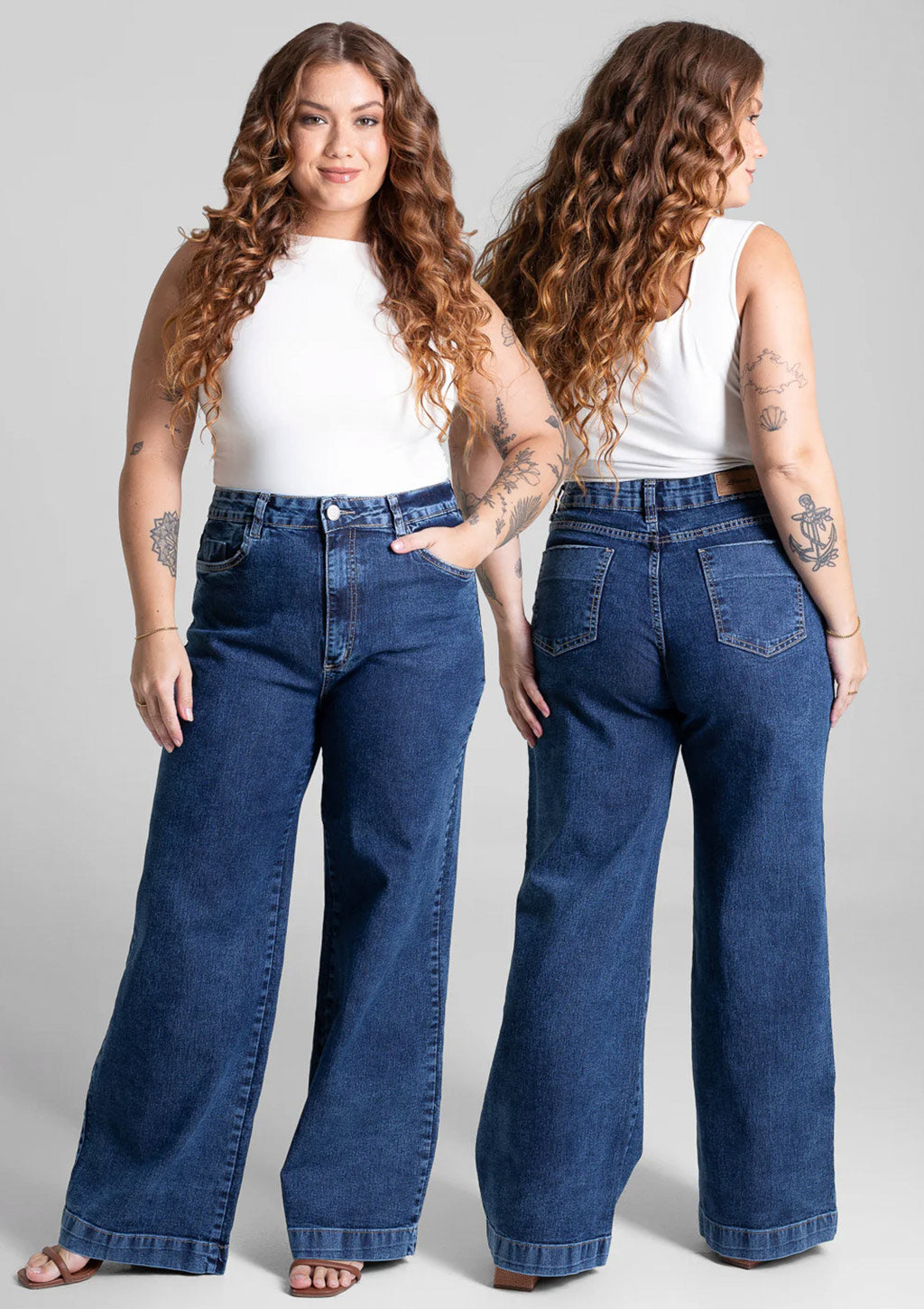 Calça Wide Leg Jeans Sawary Plus Size Feminina - Azul