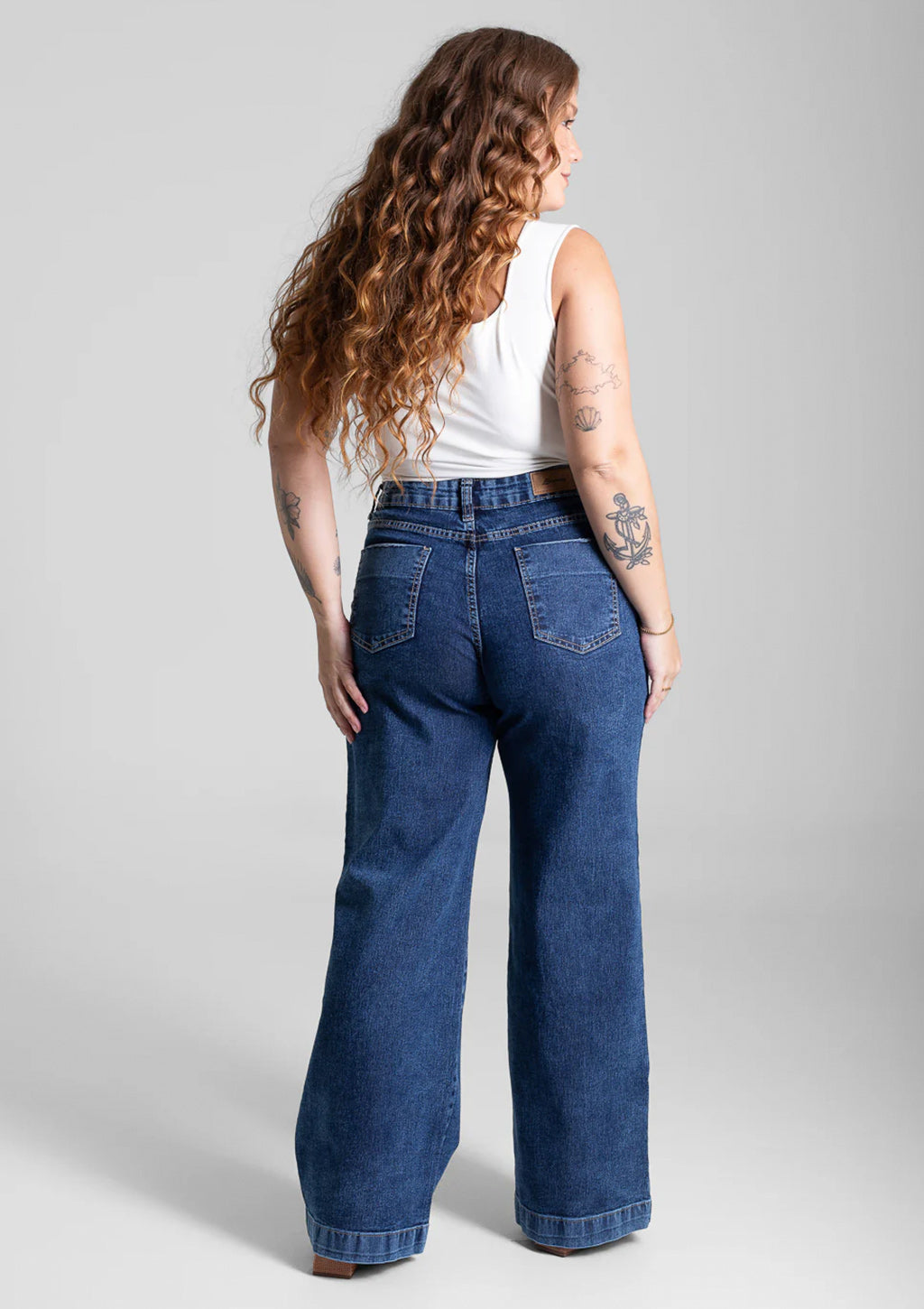 Calça Wide Leg Jeans Sawary Plus Size Feminina - Azul