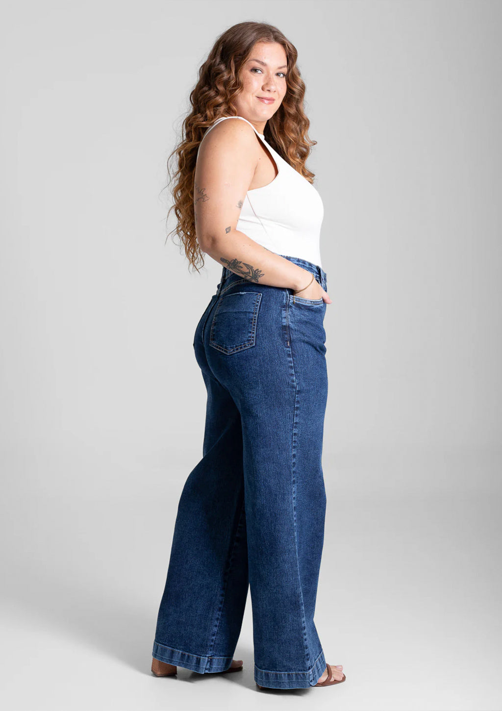 Calça Wide Leg Jeans Sawary Plus Size Feminina - Azul
