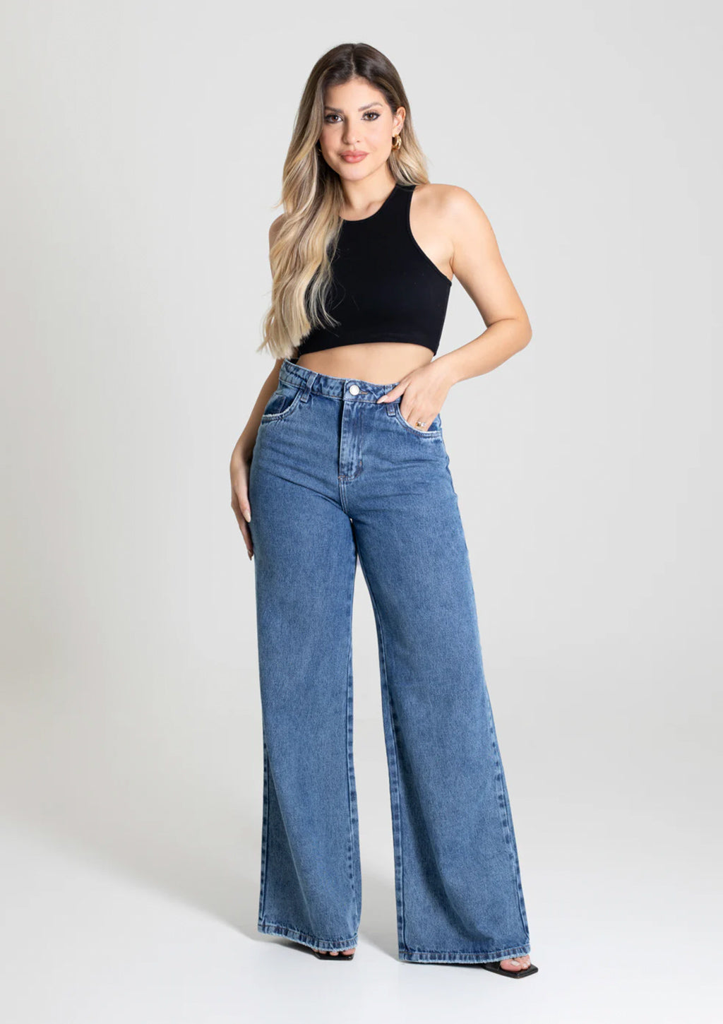 Calça Jeans Wide Leg Petit Sawary Feminina - Azul