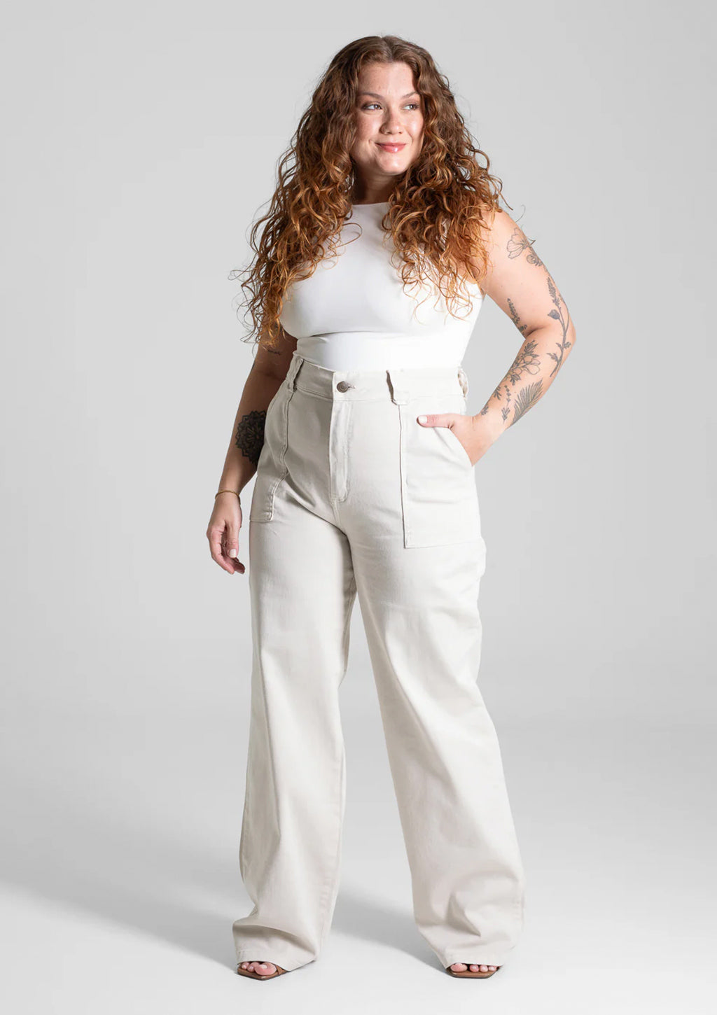 Calça Wide Leg Em Sarja Sawary Plus Size Feminina - Off-White