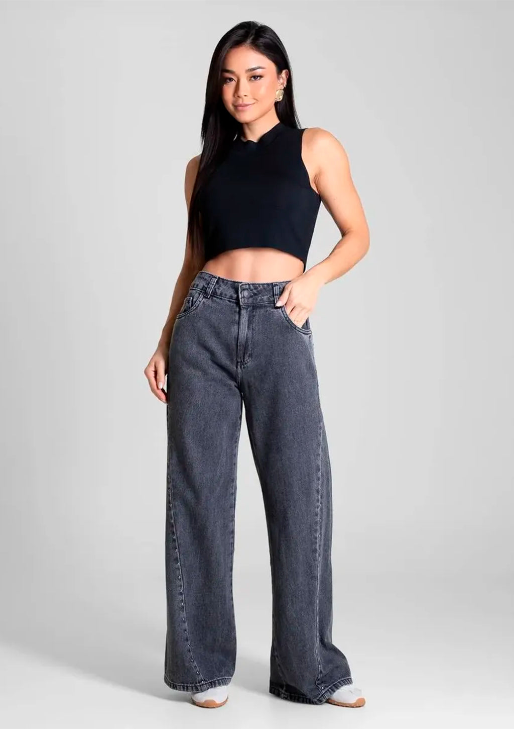 Calça Jeans Wide Leg Sawary Feminina - Preto