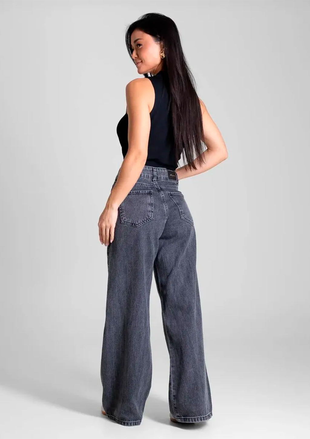 Calça Jeans Wide Leg Sawary Feminina - Preto