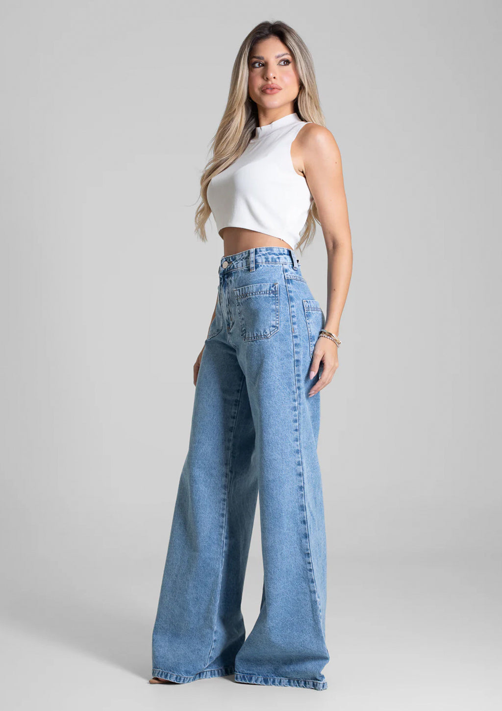 Calça Jeans Super Wide Leg Sawary Feminina - Azul