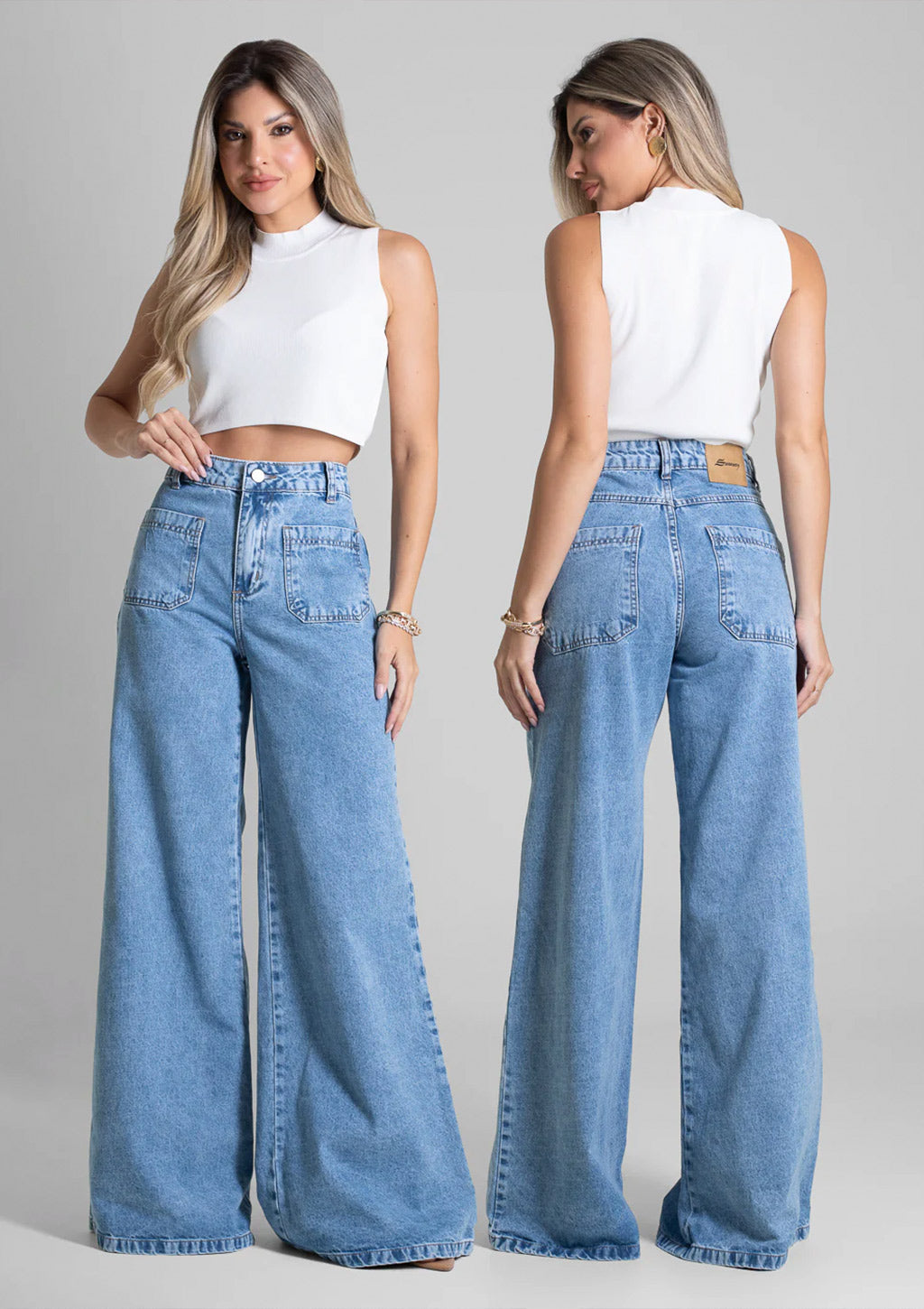 Calça Jeans Super Wide Leg Sawary Feminina - Azul