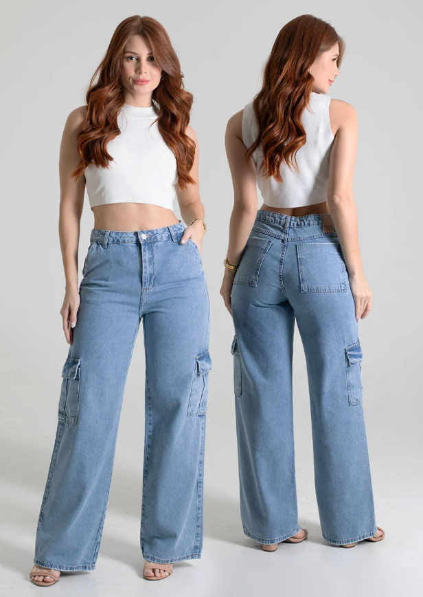 Calça Jeans Wide Leg Sawary  Feminina- Azul