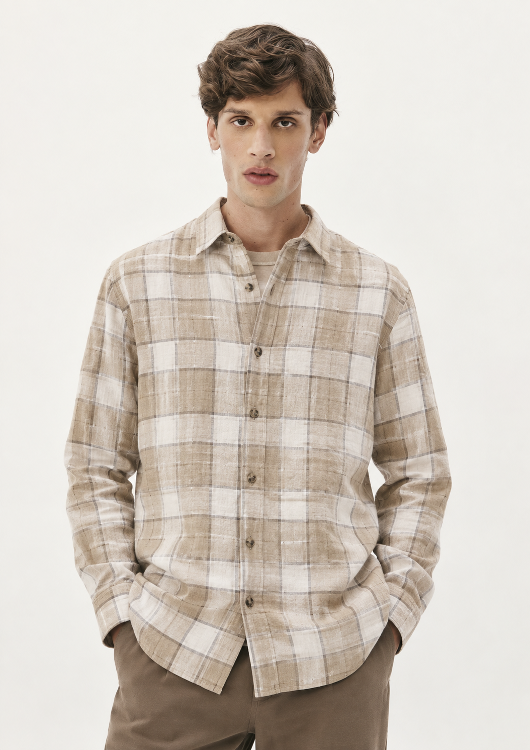Camisa Masculina Manga Longa Xadrez Em Linho Hering - Natural