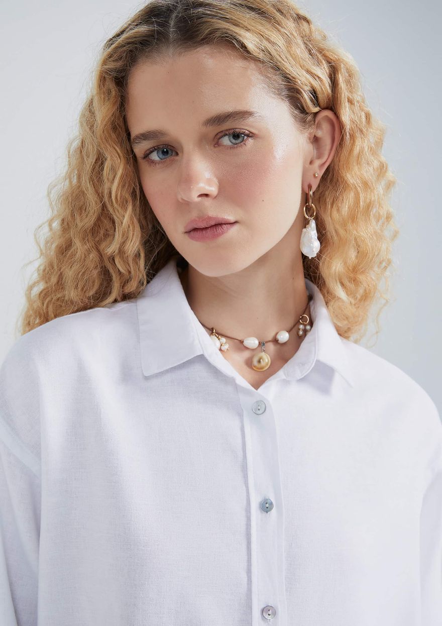 Camisa Oversized Hering Feminina Manga Longa  Em Linho – Off Creme