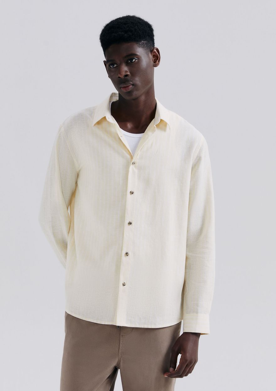Camisa Hering Manga Longa Listrada Em Linho Masculina - Amarela