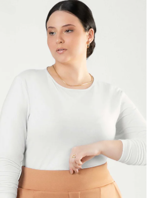 Blusa Cativa Plus Size Manga Longa de Algodão Feminina - Branco