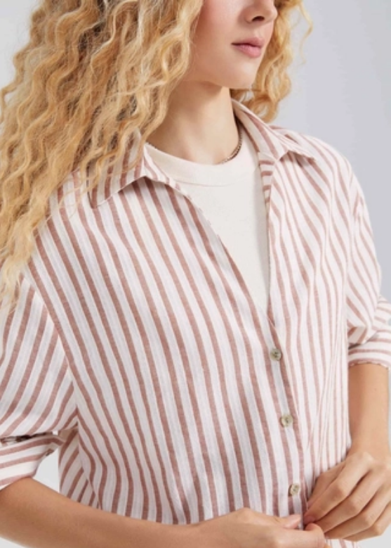 Camisa Hering Manga Longa Listrada Feminina - Bege