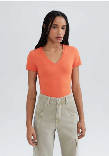 Blusa Básica Hering Decote V Feminina - Laranja