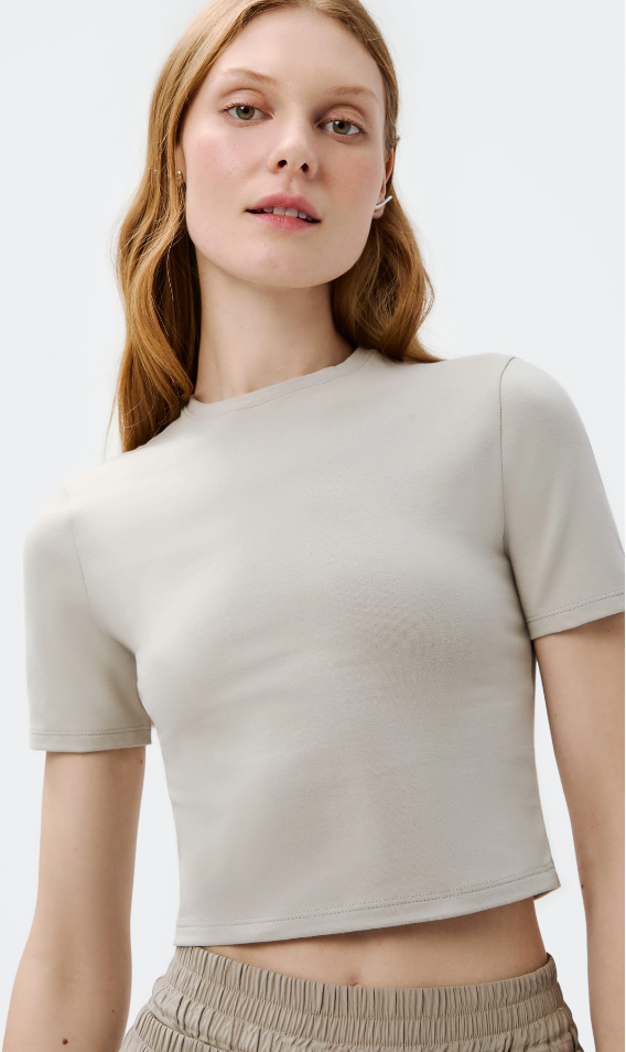 Blusa Básica Cropped Manga Curta Feminina Com Elastano - Cinza