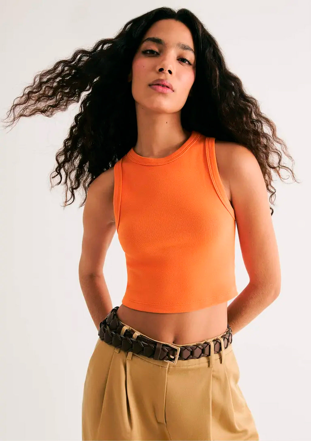 Regata Cropped Decote Halter Neck Hering Em Ribana Canelada Feminina - Laranja