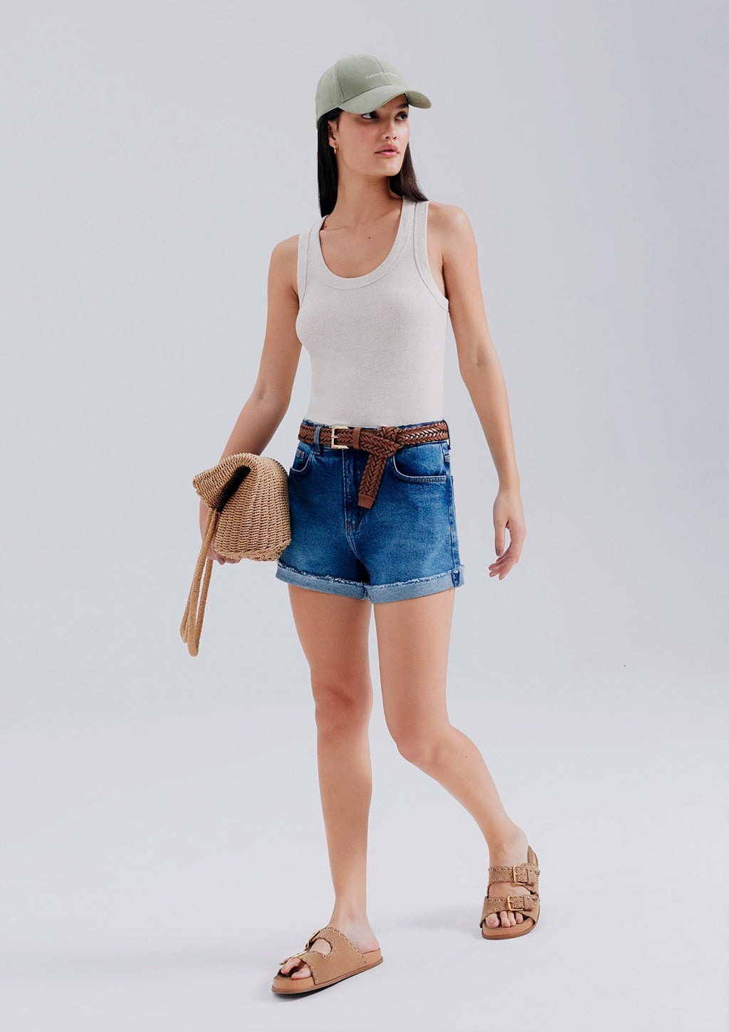 Regata Canelada Hering Com Linho Feminina - Creme