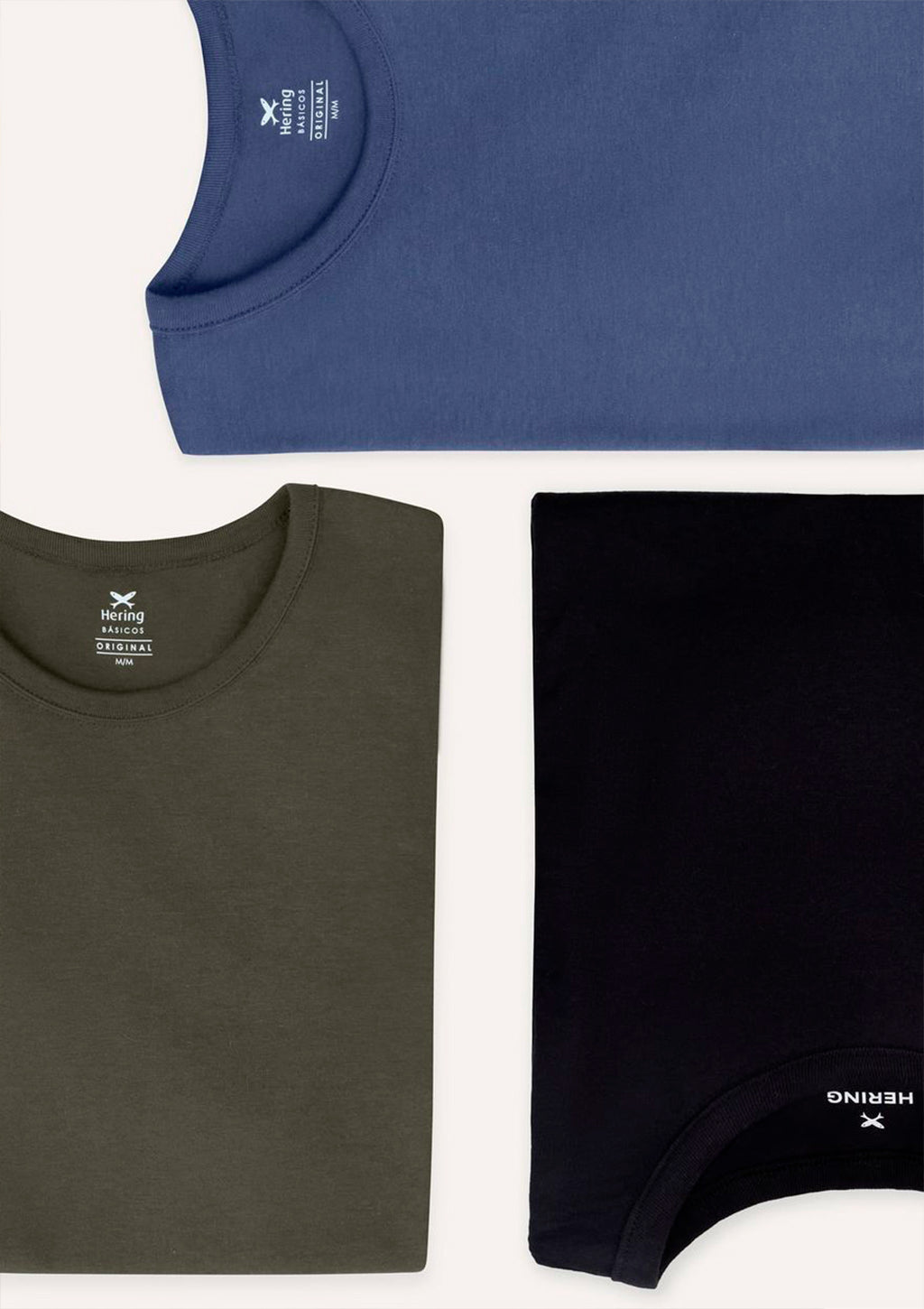kit 3 Camisetas Slim Hering Gola Careca Masculino - Preto/Verde/Azul Marinho