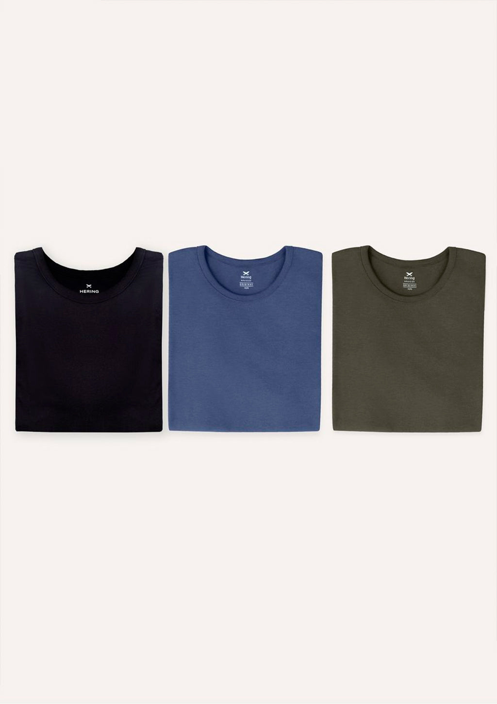 kit 3 Camisetas Slim Hering Gola Careca Masculino - Preto/Verde/Azul Marinho
