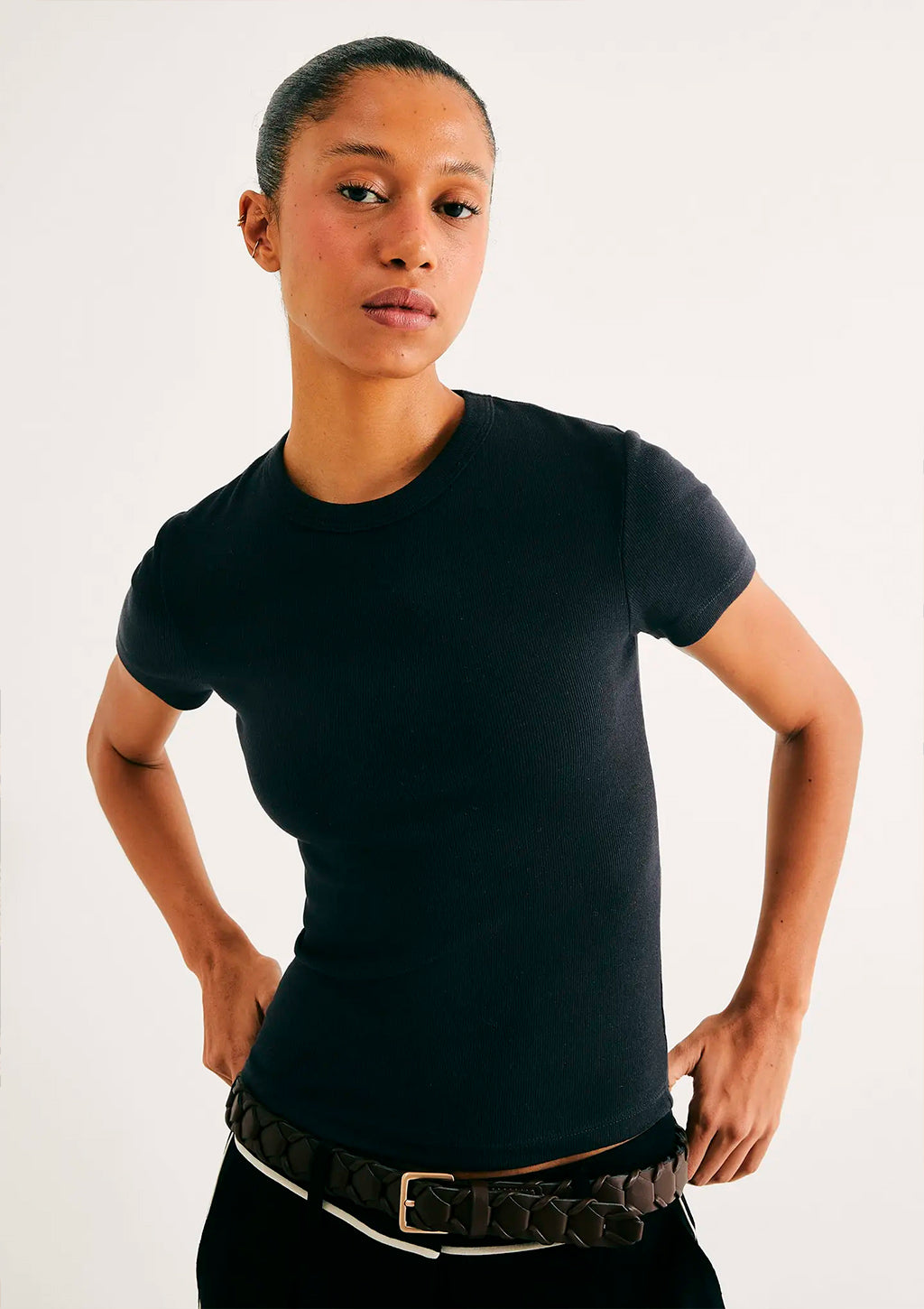 Blusa Manga Curta Em Ribana Hering Slim Feminina - Preto