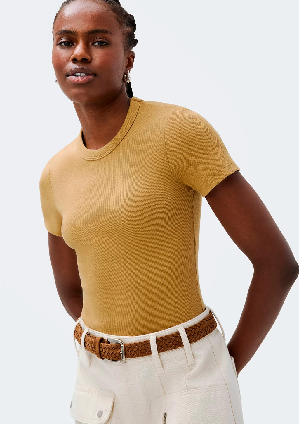 Blusa Feminina Hering Manga Curta Slim Em Ribana - Amarelo