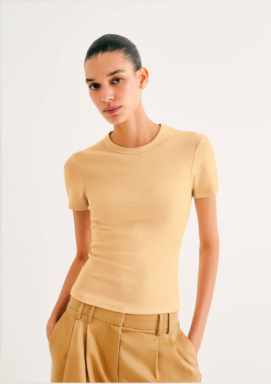 Blusa Manga Curta Slim Hering Em Ribana Canelada Feminina - Amarelo