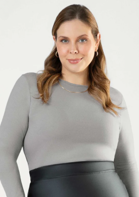 Blusa Cativa Plus Size Manga Longa de Algodão Feminina - Cinza