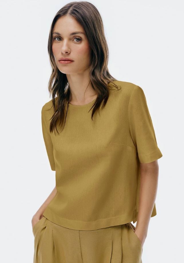 Blusa Manga Curta Hering Com Linho Feminina - Caqui