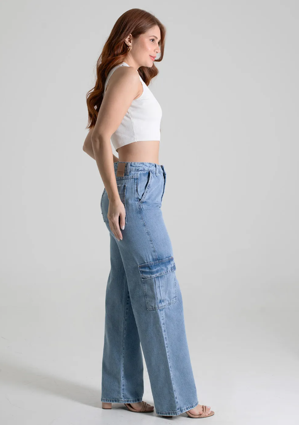 Calça Jeans Wide Leg Sawary  Feminina- Azul