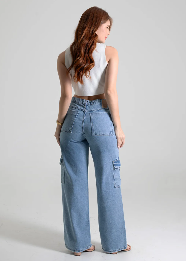 Calça Jeans Wide Leg Sawary  Feminina- Azul
