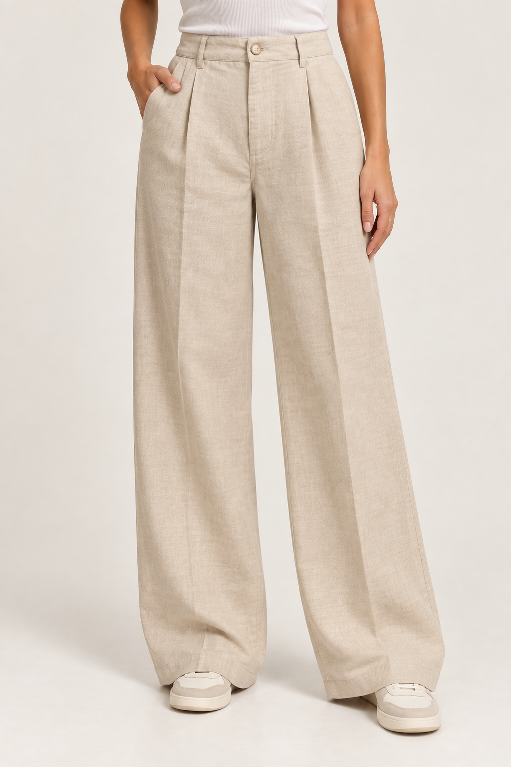 Calça de Linho Wide Leg Max Denim Feminina - Bege