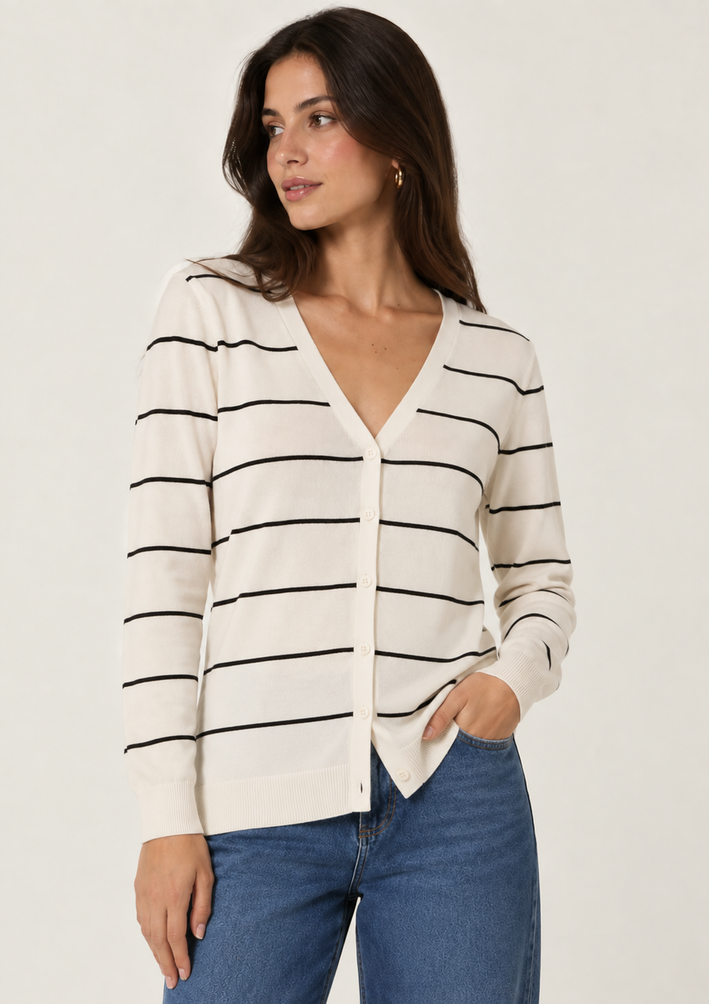 Cardigan Hering Listrado Feminino - Branco e Preto