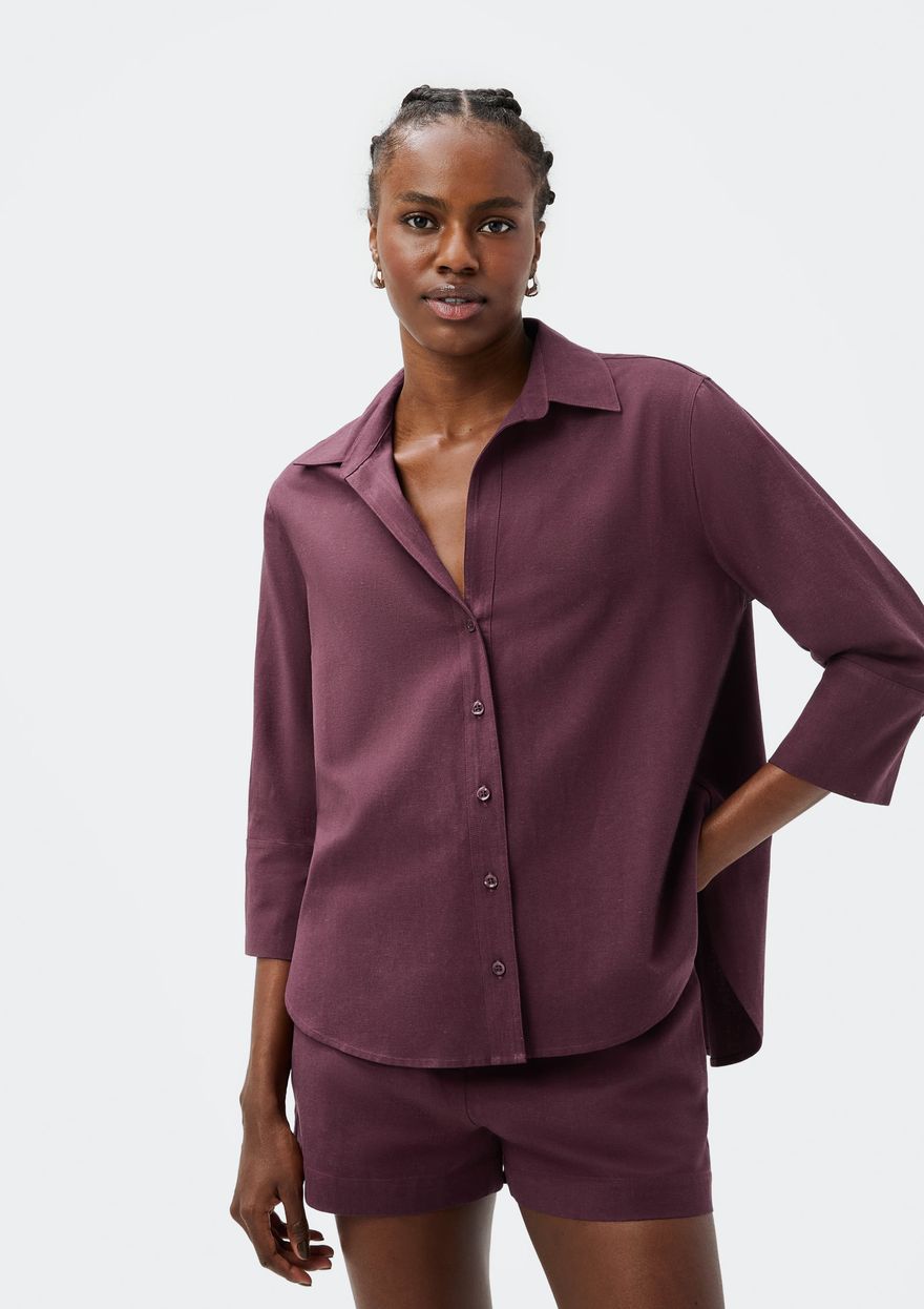 Camisa Feminina Hering Manga 7/8 Com linho - Roxo
