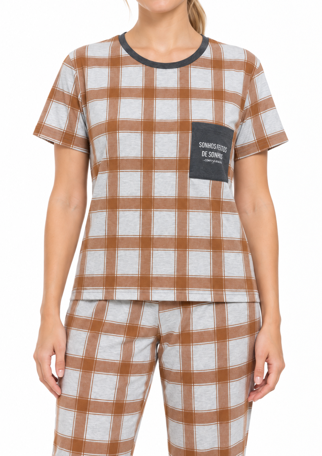 Pijama em Algodão Estampa Xadrez Terracota Feminino MagiaMix