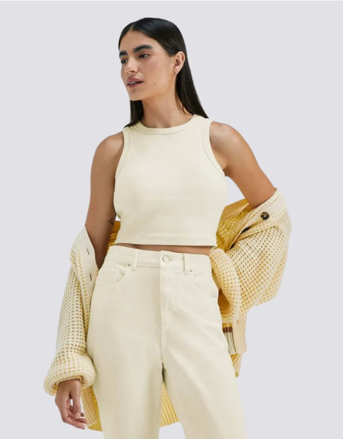 Blusa Hering Cropped Regata em Ribana Canelada Feminina - Amarela