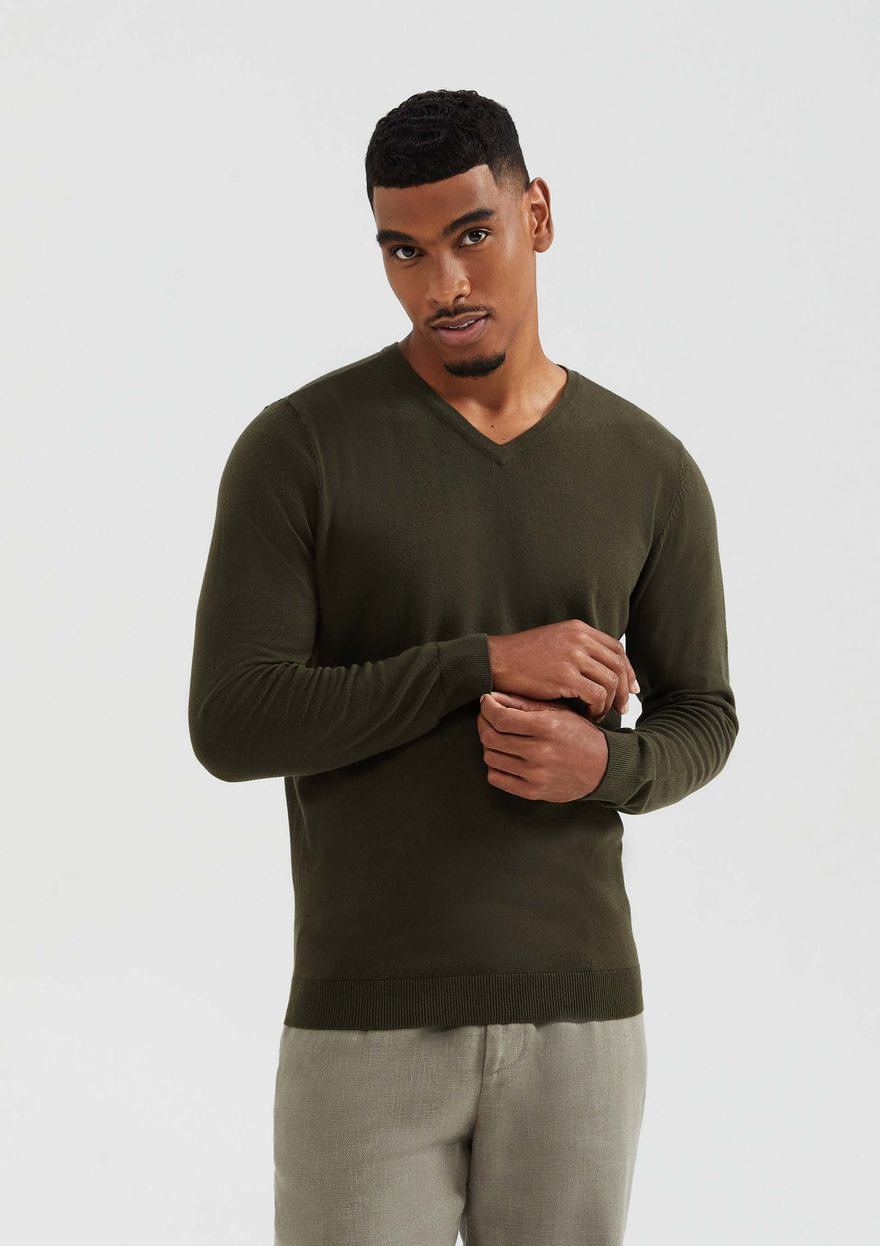 Suéter Básico Hering Regular Gola V Tricot Masculino - Verde