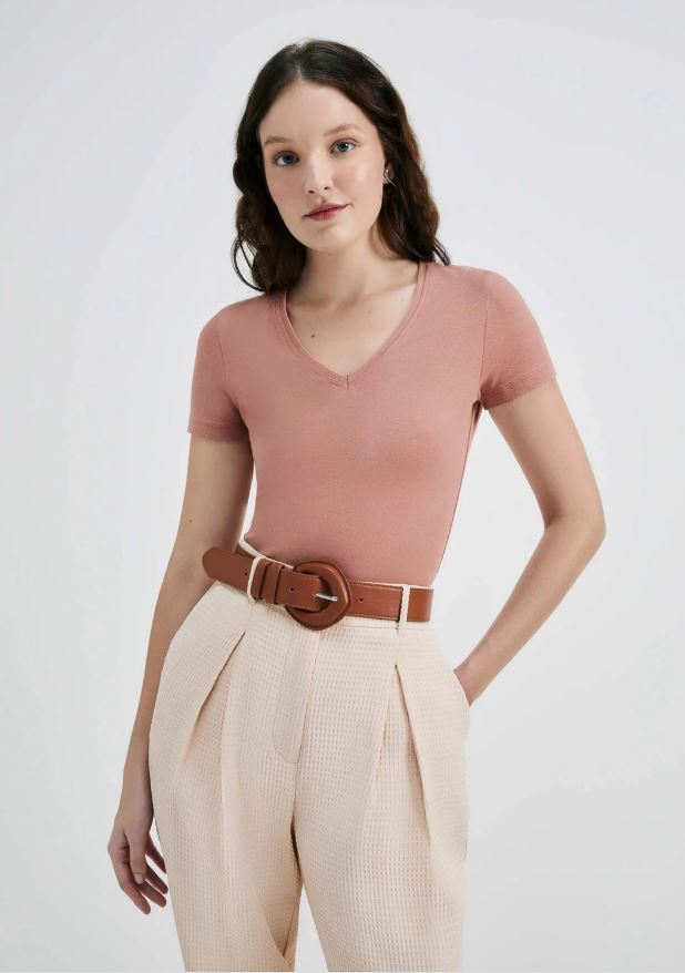Blusa Básica Hering Decote V Feminina - Marrom Rosado