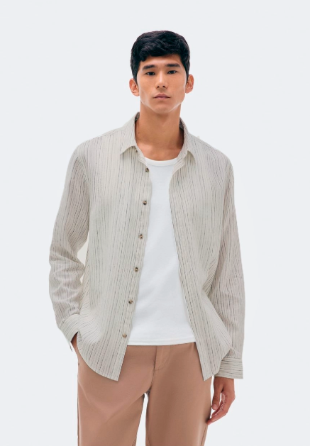 Camisa Hering Manga Longa Em linho Listrada Masculina - Bege