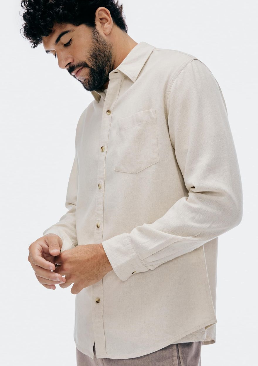 Camisa Hering Manga Longa Em Linho Masculina - Bege