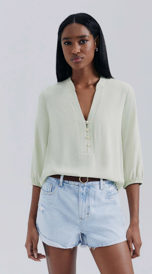 Blusa Básica Hering Feminina Manga 7/8 Bufante - Verde Claro